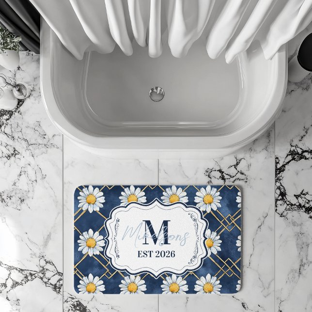 Tapis De Bain Navy Daisy Gingham Monogram Decor (Créateur téléchargé)