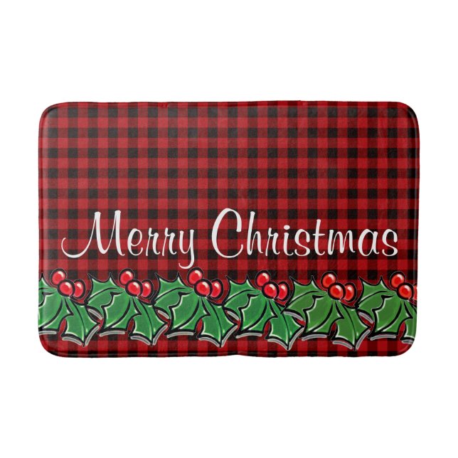 Tapis De Bain Noël classique Red Plaid Holly baies feuilles (Devant)