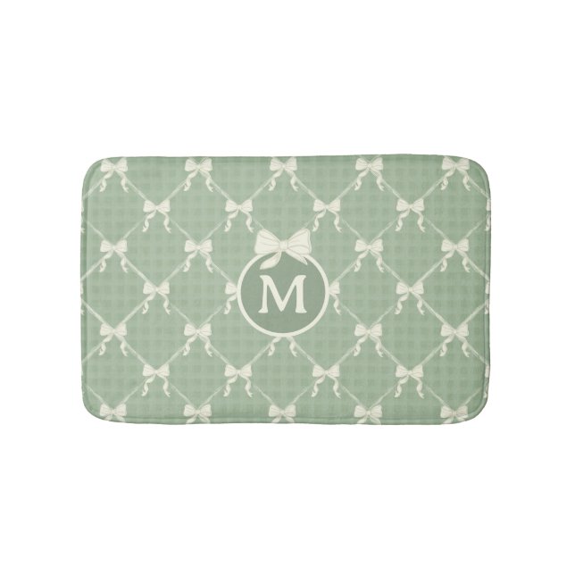 Tapis De Bain Nœuds Coquette Gingham Monogramme Crème Vert Sauge (Devant)