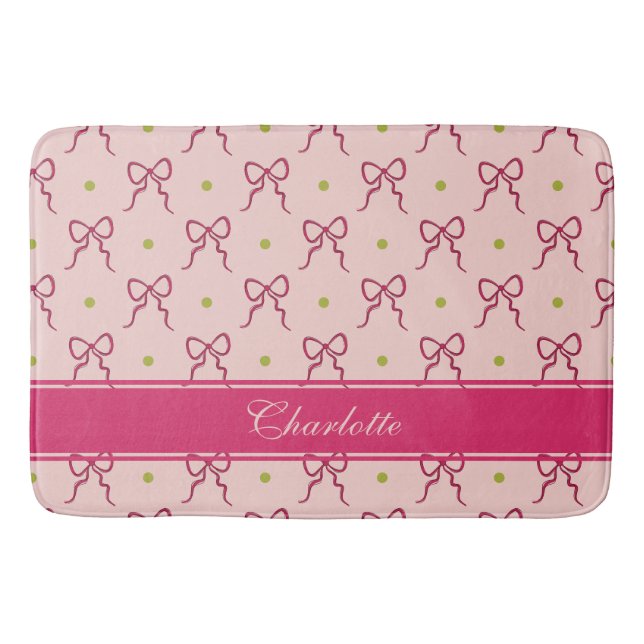 Tapis De Bain Nœuds Rose Chaud Petits Points Verts  (Devant)