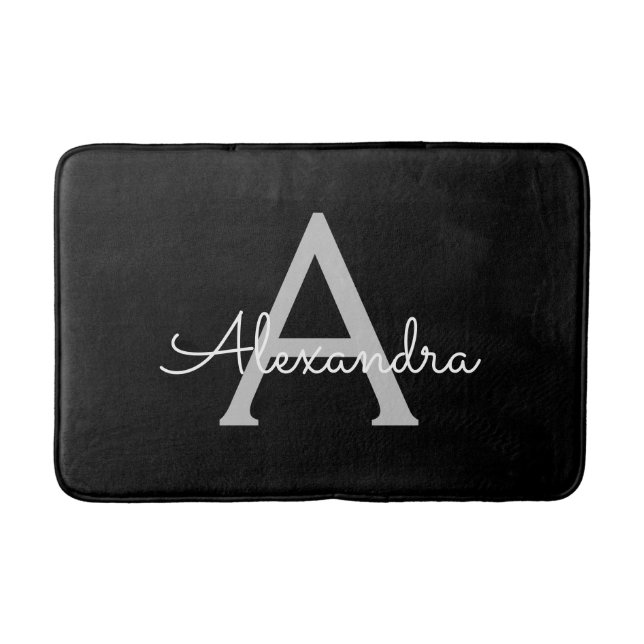 Tapis De Bain Noir Argent moderne Script Girl Monogramme Nom (Devant)