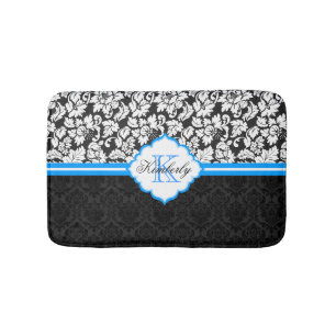 Tapis De Bain Noir Blanc & Bleu Vintage Damas florales