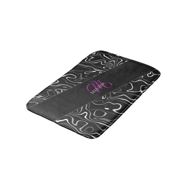 Tapis De Bain Noir blanc damas abstrait motif Monogramme (Angle)