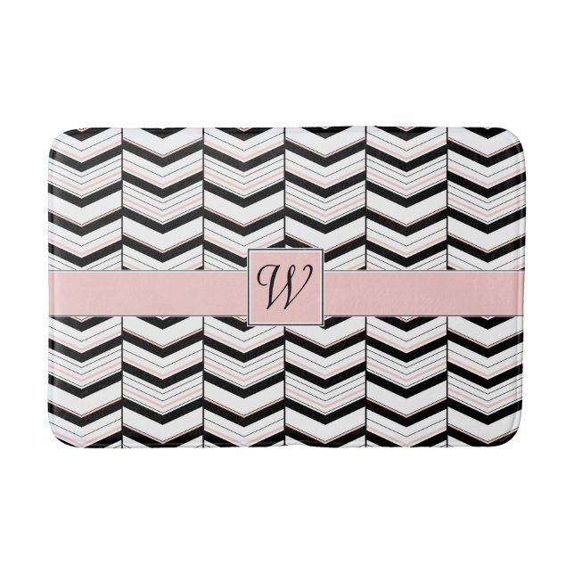 Tapis De Bain Noir blanc et bleu Chevron Bath Mat (Devant)