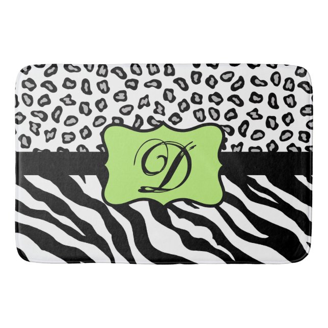 Tapis De Bain Noir Blanc Lime Vert Zèbre Léopard Monogramme de p (Devant)