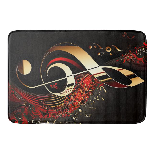 Tapis De Bain Noir Chic Red et or Treble Clef Note (Devant)