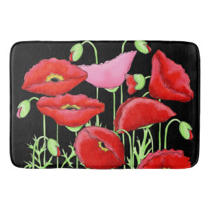 Tapis De Bain Noir décoratif fait sur commande d'art rose rouge
