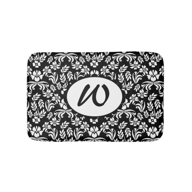 Tapis De Bain Noir et blanc Floral Damask Monogramme Mat de bain (Devant)