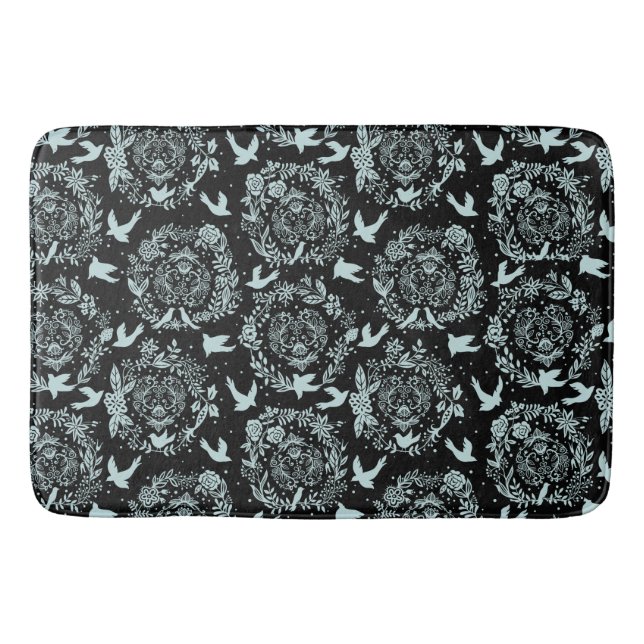Tapis De Bain Noir et vert menthe floral et oiseaux (Devant)