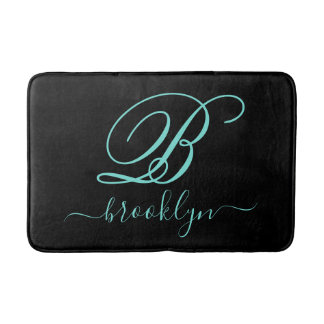 Tapis De Bain Noir moderne Turquoise manuscrit Monogramme