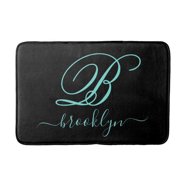 Tapis De Bain Noir moderne Turquoise manuscrit Monogramme (Devant)