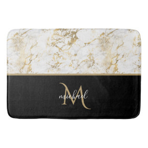 Tapis De Bain Noir Or & Marbre Monogramme Élégant Luxe