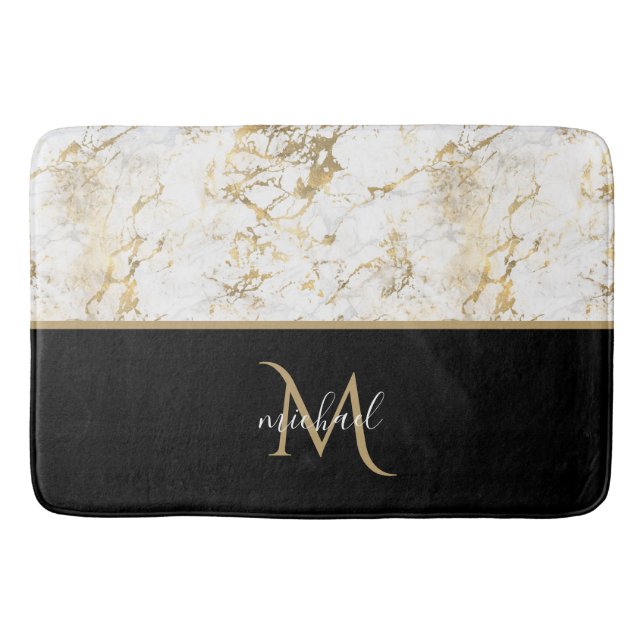 Tapis De Bain Noir Or & Marbre Monogramme Élégant Luxe (Devant)