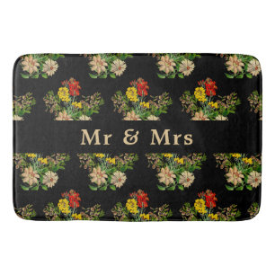 Tapis de bain noir personnalisé à motif floral vin