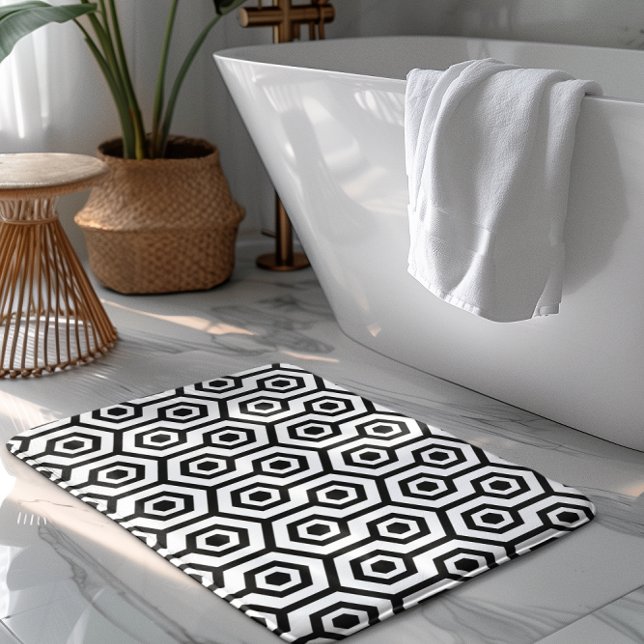 Tapis De Bain Noir sur le Motif géométrique octogone blanc (Créateur téléchargé)