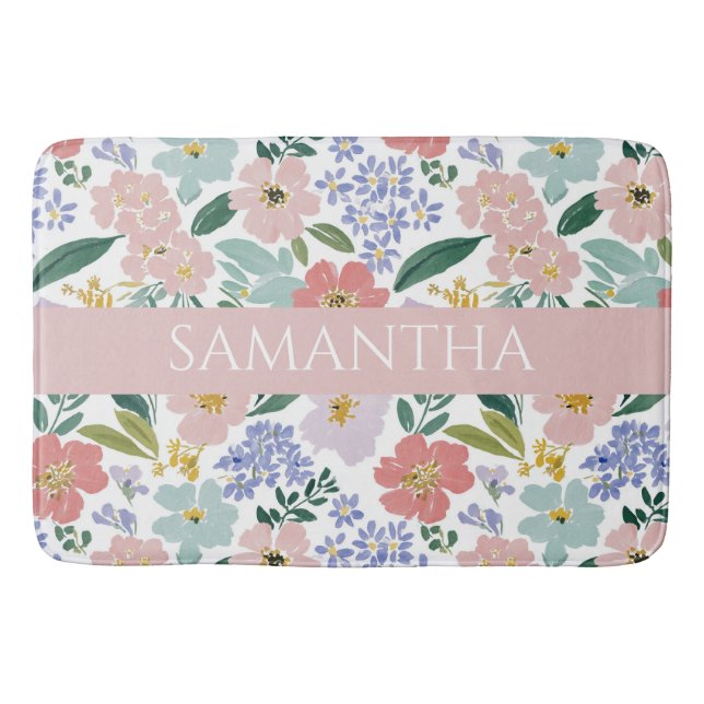 Tapis De Bain Nom Aquarelle Fleur Sauvage Rose Pâle (Devant)