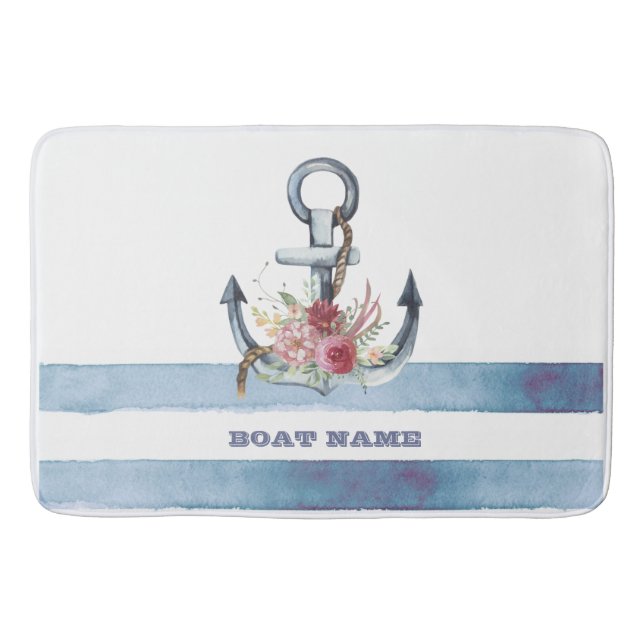 Tapis De Bain Nom de bateau nautique, fleurs d'ancre rayures (Devant)