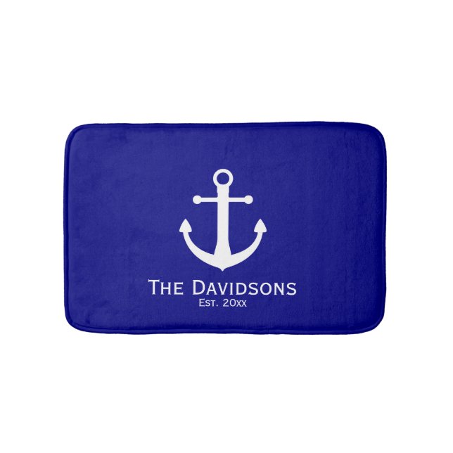 Tapis De Bain Nom de famille de bleu marine et de blanc et est. (Devant)