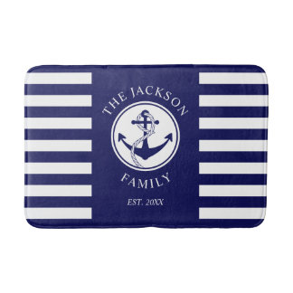 Tapis De Bain Nom de famille motif d'ancre marine rayures bleues