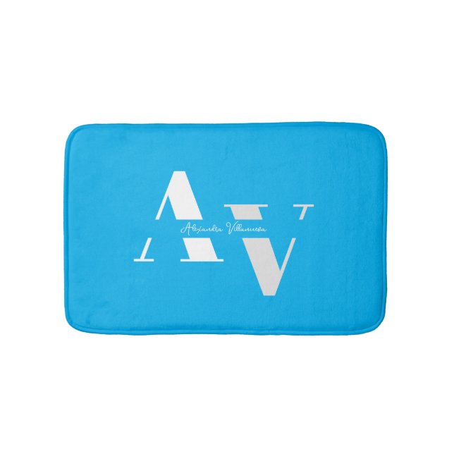 Tapis De Bain Nom de monogramme girly bleu ciel tendance  (Devant)