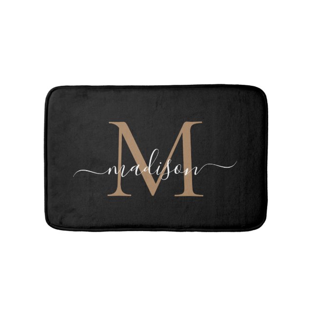 Tapis De Bain Nom de script de monogramme blanc or noir moderne (Devant)