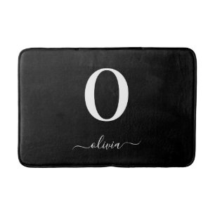 Tapis De Bain Nom de script Monogramme Personnalisé Noir Et Blan