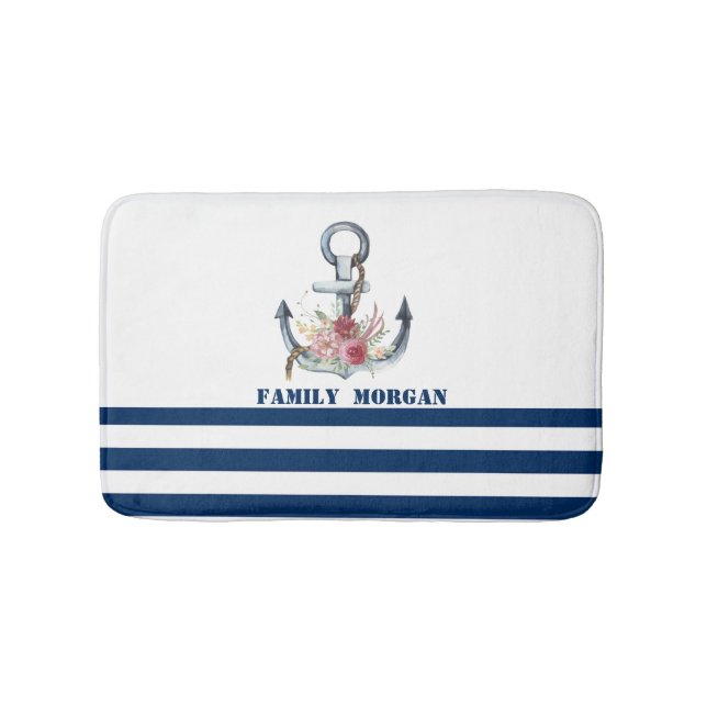 Tapis De Bain Nom du bateau, fleurs d'ancre bleu marine rayé (Devant)