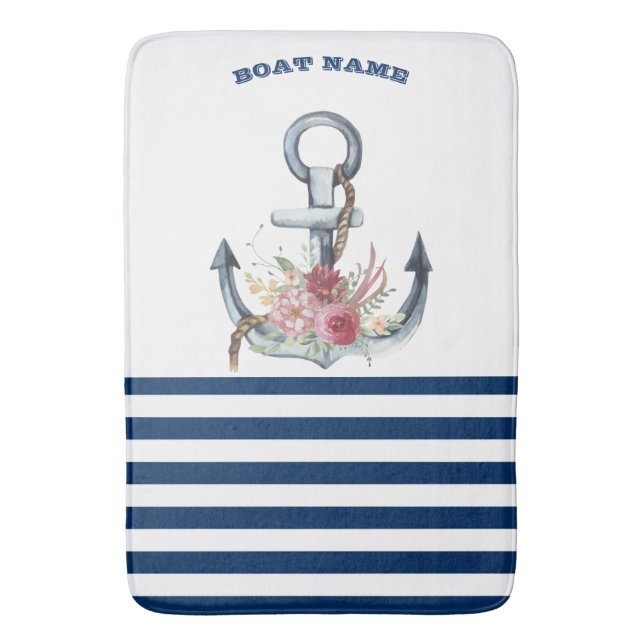 Tapis De Bain Nom du bateau, fleurs d'ancre bleu marine rayées  (devant Vertical)
