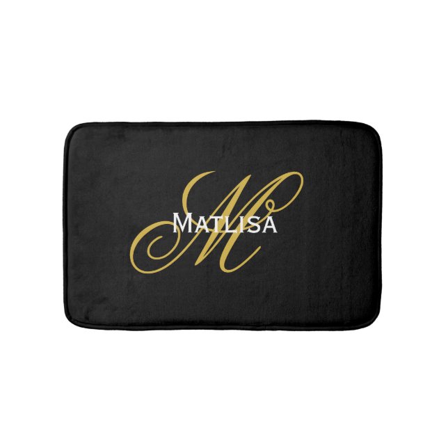 Tapis De Bain Nom du monogramme moderne noir et or (Devant)