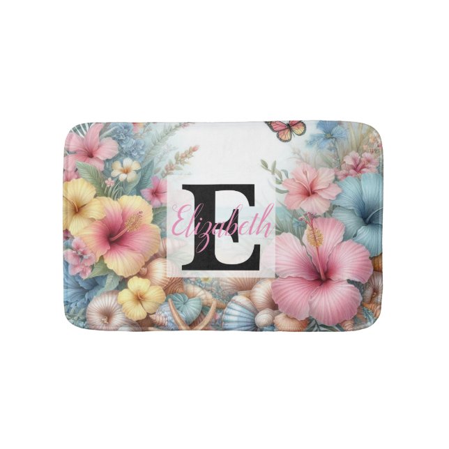 Tapis De Bain Nom du monogramme sur l'aquarelle Fleurs coquillag (Devant)