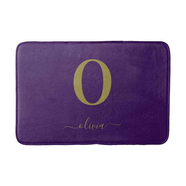 Tapis De Bain Nom Du Script Monogramme Personnalisé Purple Et Or (Devant)