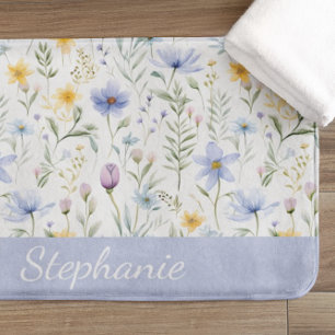 Tapis De Bain Nom élégant de fleur sauvage aquarelle bleu violet