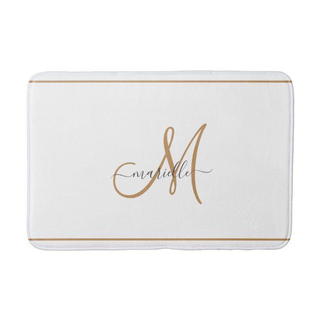 Tapis De Bain Nom élégant en écriture dorée monogrammée blanc  (Devant)