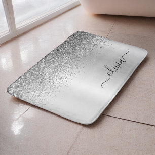 Tapis De Bain Nom Féminin Pailleté Noir Argent Script Monogramme