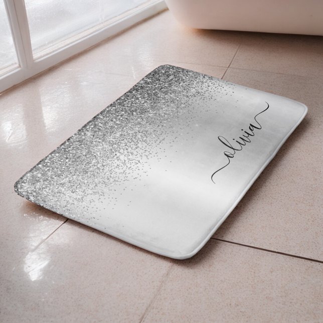 Tapis De Bain Nom Féminin Pailleté Noir Argent Script Monogramme (Créateur téléchargé)