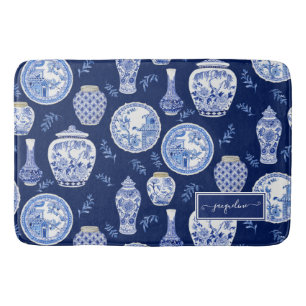 Tapis De Bain Nom Floral Navy n White Ginger Jar Flower Vintage