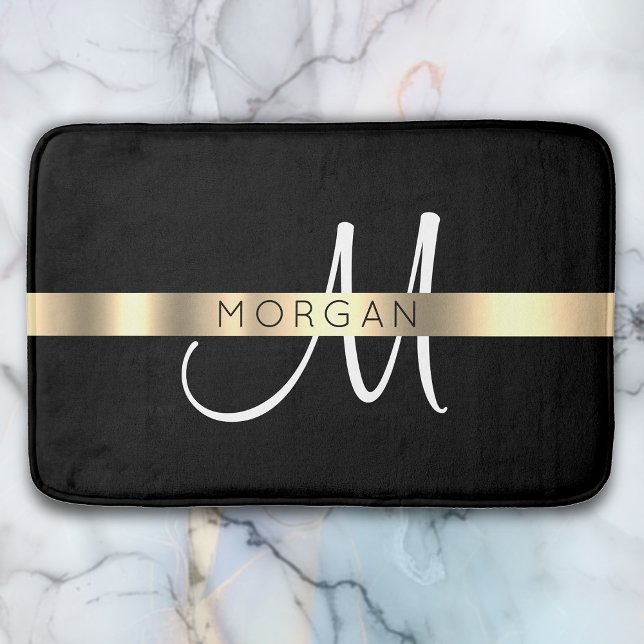 Tapis De Bain Nom & Grand Monogramme, Blanc Noir Or (Créateur téléchargé)