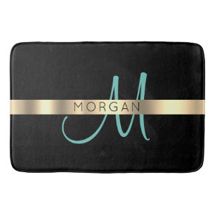 Tapis De Bain Nom & Grand Monogramme, Turquoise clair Noir Or
