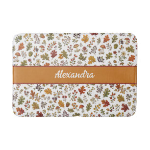 Tapis De Bain Nom Monogramme Bois Champêtre Feuilles Champignons