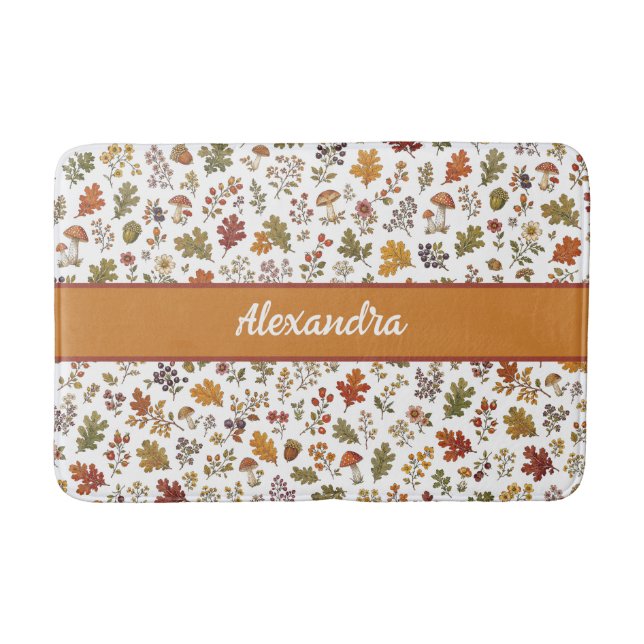 Tapis De Bain Nom Monogramme Bois Champêtre Feuilles Champignons (Devant)