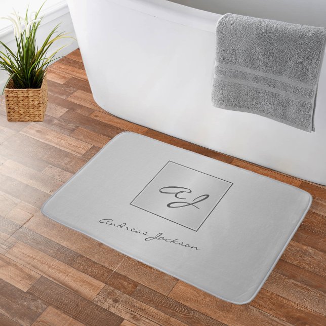 Tapis De Bain Nom monogramme de script moderne métallique argent (Créateur téléchargé)