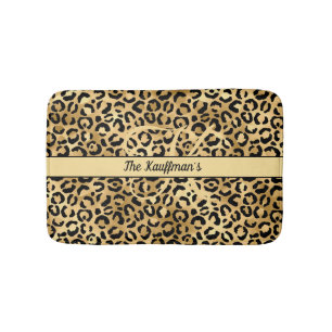 Tapis De Bain Nom Monogramme Imprimé Léopard Noir Or Cheetah