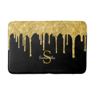 Tapis De Bain Nom Monogramme Noir avec Gouttes de Paillettes Dor