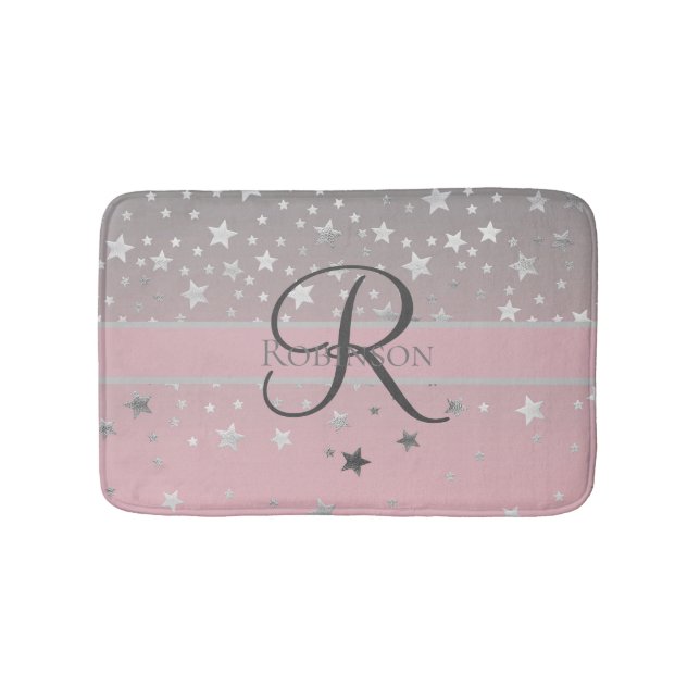 Tapis De Bain Nom Monogramme Rose Gris Argent Étoiles Tendance  (Devant)