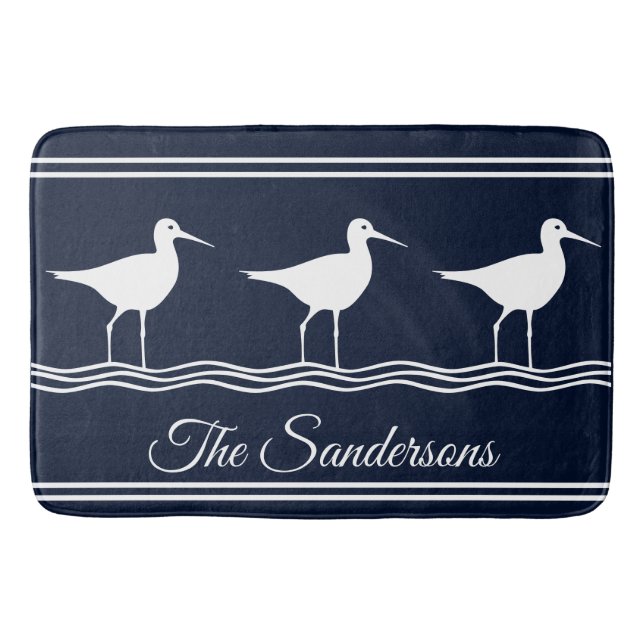 Tapis De Bain Nom monogramme Sand Pipers Marine Blue Bath Mat (Devant)