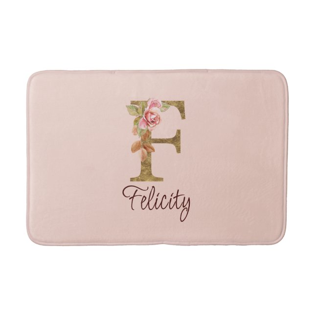 Tapis De Bain Nom Personnalisé Lettre F Gold Foil Blush Roses Ro (Devant)