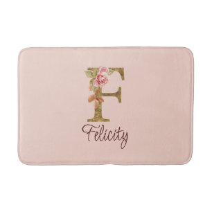 Tapis De Bain Nom personnalisé Lettre F Rose Blush Feuille d'Or