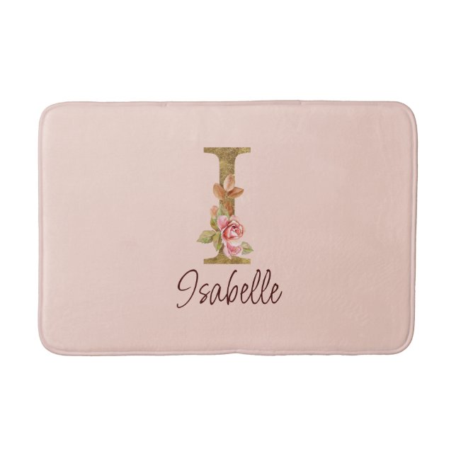 Tapis De Bain Nom Personnalisé Lettre I Gold Foil Blush Roses Ro (Devant)
