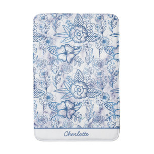 Tapis De Bain Nom personnalisé motif floral bleu transparent