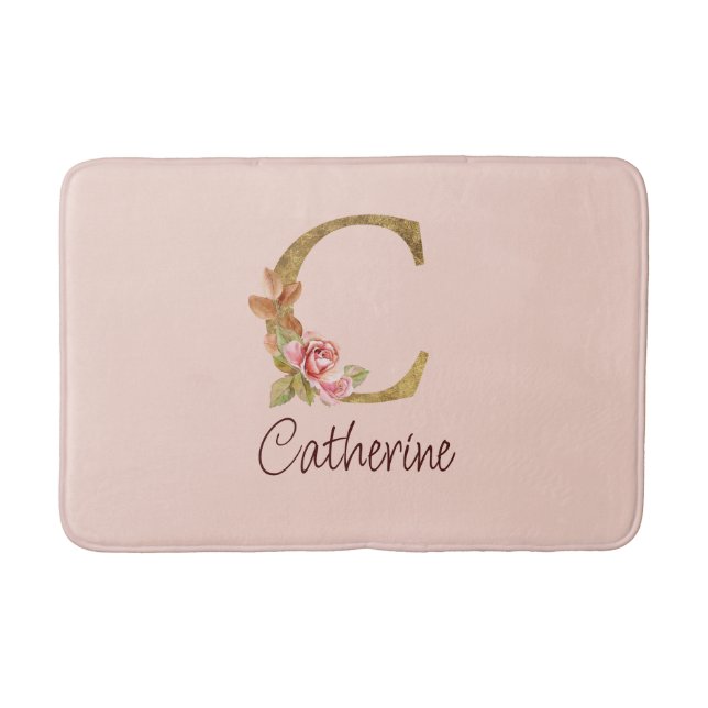 Tapis De Bain Nom personnalisé Or Foil Blush Roses Lettre C (Devant)